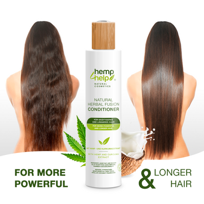 Natural Herbal Fusion Conditioner with Hemp &amp; Turmeric Extract - 250 ml Hemp Shampoo strengthens &amp; repairs all hair types such as stronger, longer, colored hair with an intense coconut smell